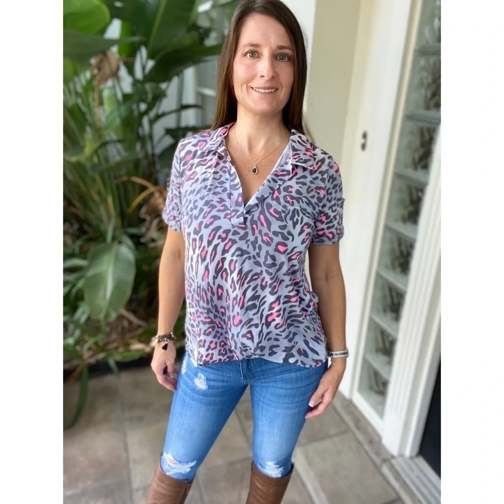 ❤️‍🔥Leopard V-Neck Collar Tab Button Gray Pink 4420